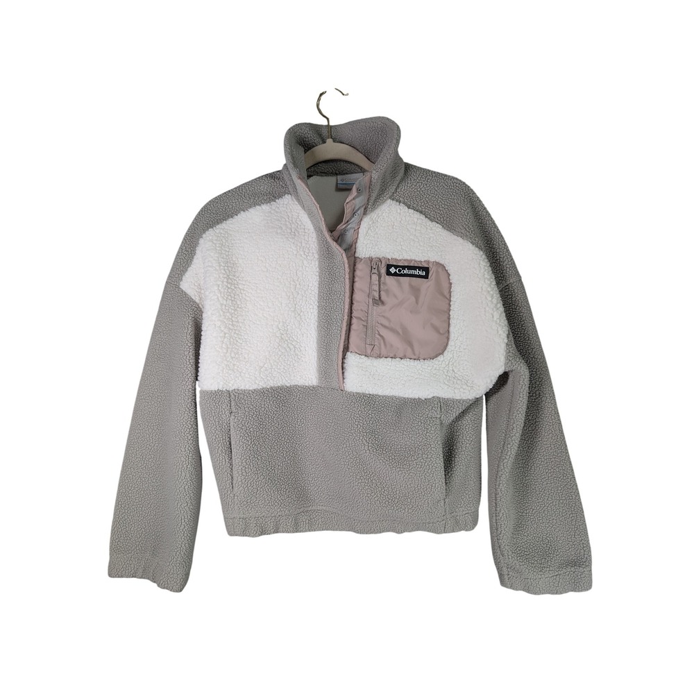 Columbia Fleece Pullover Womens XS Sherpa Colorblock Gray White Quarter Snap